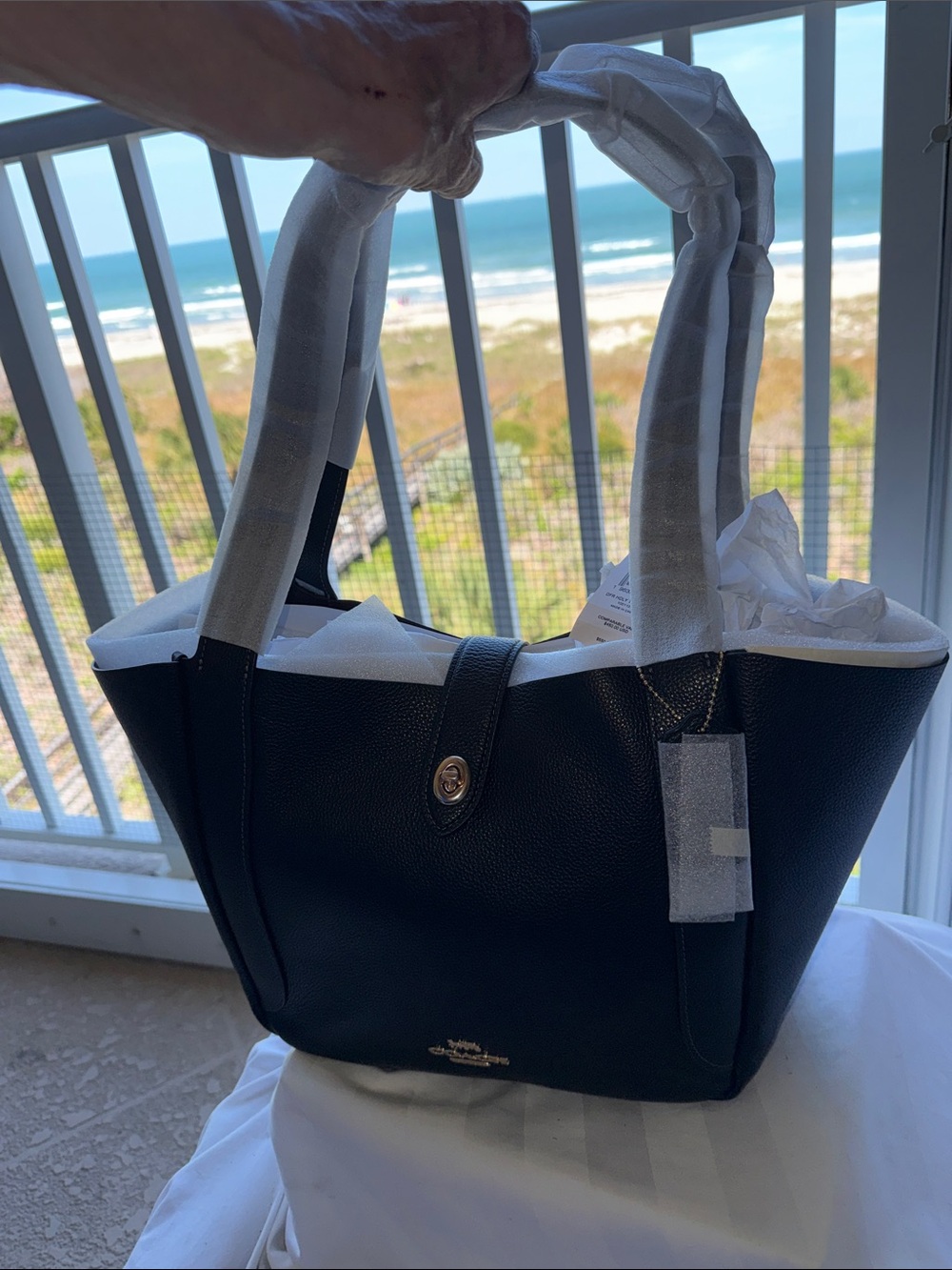 NWT - Coach Black Pebble Leather Tote with Gold Turnlock.